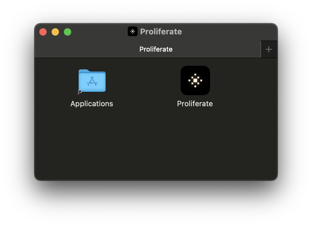 The macOS installer window with the Proliferate app icon being dragged into the Applications folder.